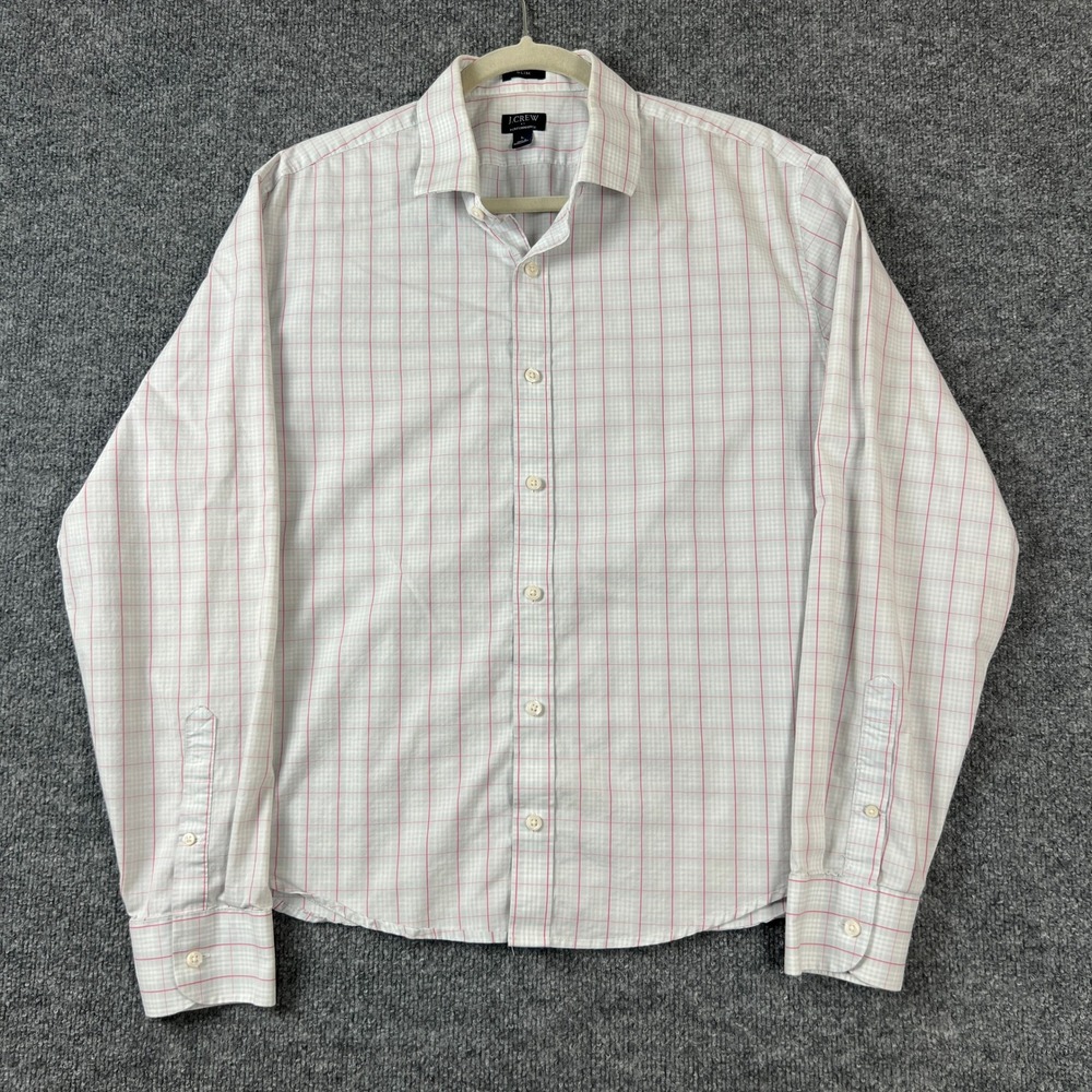 J.Crew Mens Performance Slim Fit Shirt Large White Pink Plaid Long Sleeve Button